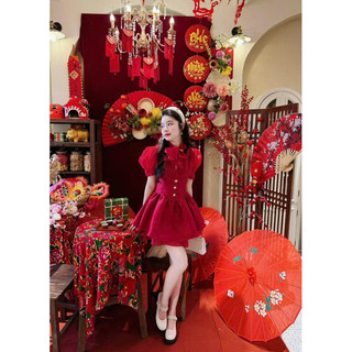 Đầm đỏ phối tơ tay phồng đính nơ đá kèm 3 tag