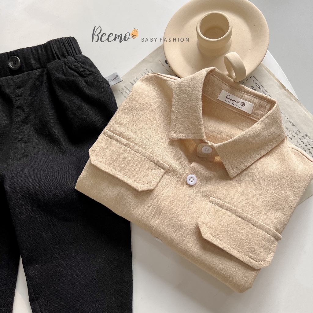 Bộ quần áo sơ mi cho bé Beemo, Chất liệu cotton mềm mịn, màu áo nâu kết hợp cùng quần đen vô cùng bảnh trai B087