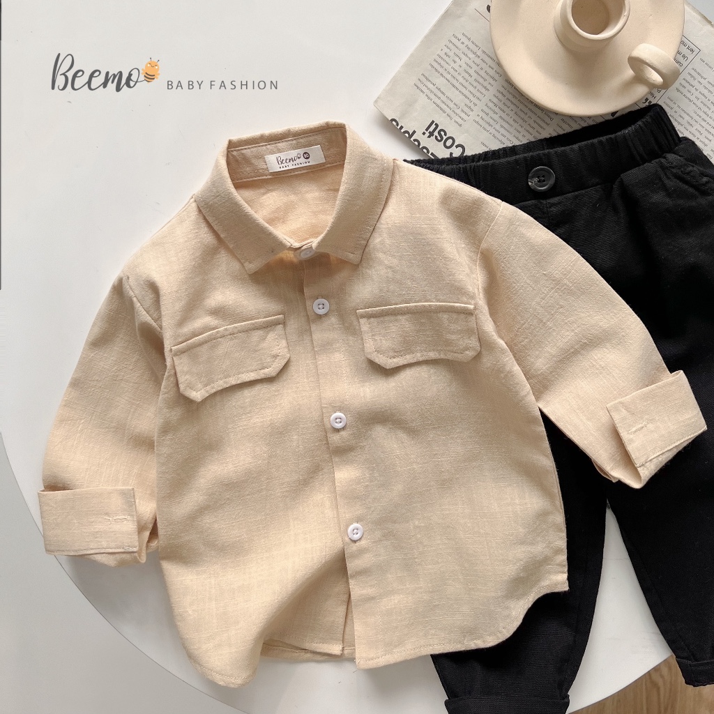 Bộ quần áo sơ mi cho bé Beemo, Chất liệu cotton mềm mịn, màu áo nâu kết hợp cùng quần đen vô cùng bảnh trai B087