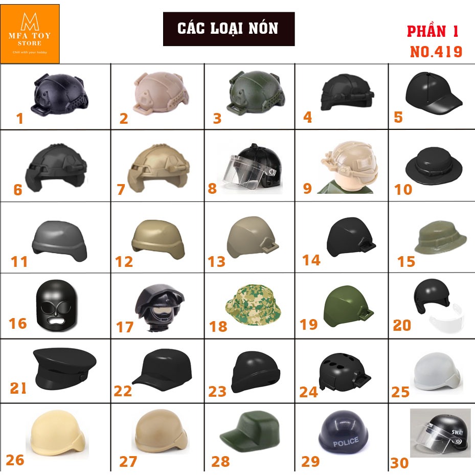 Đồ chơi lắp ráp swat army, mô hình đồ chơi - Các loại nón chiến đấu No.419