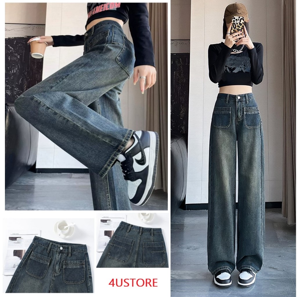 Quần JEAN nữ ống rộng, Quần bò KIỂU nữ ống suông retro xanh đậm, phong cách baggy ống đứng Hàn Quốc ảnh thật