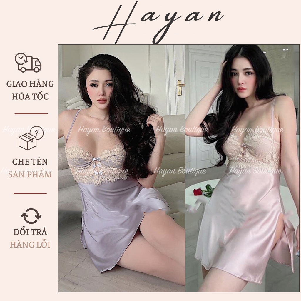 HT141 Váy ngủ sexy xẻ hông có GỌNG, đầm ngủ lụa phối ren nơ ngực gợi cảm HT141