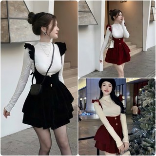 Sét Váy Yếm Nhung Gồm Áo Len Tăm + Yếm Nhung 2 Tầng