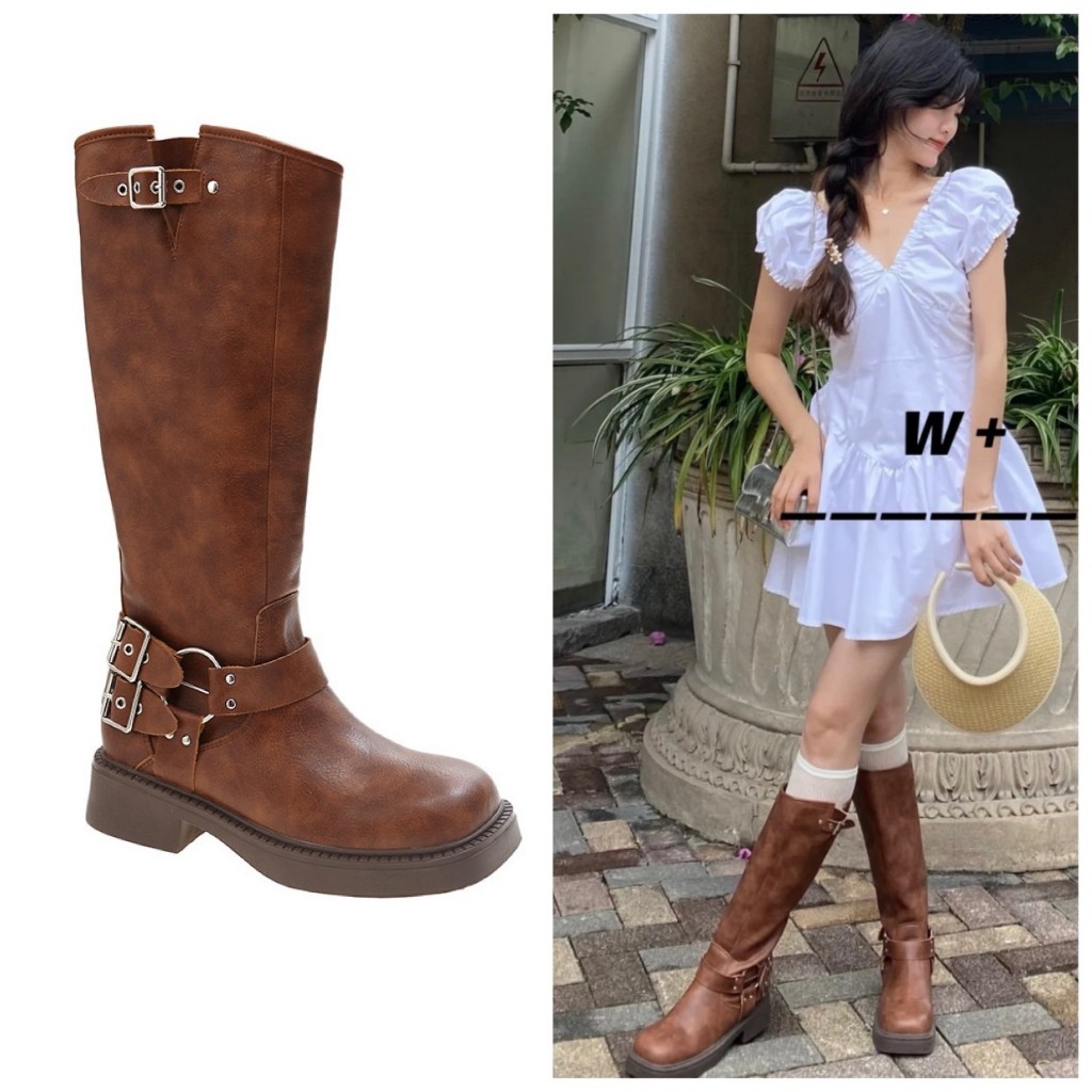 ĐEN - NÂU Giày bốt đùi nữ đế cao mũi vuông da trơn đính khóa kim loại phong cách cao bồi