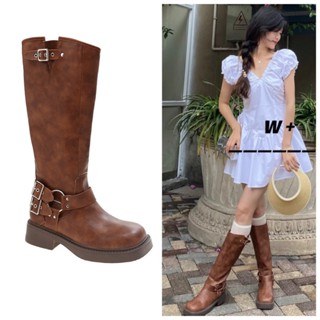 ĐEN - NÂU Giày bốt đùi nữ đế cao mũi vuông da trơn đính khóa kim loại phong cách cao bồi