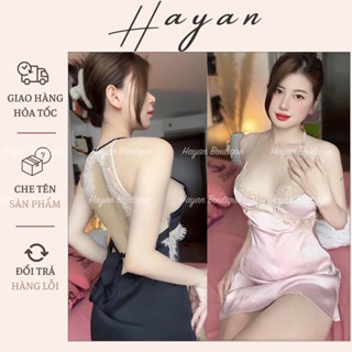 HT28 Váy ngủ sexy viền ren hoa ngực dây buộc hở lưng,đồ ngủ lụa  cổ yếm mặc nhà gợi cảm HT28
