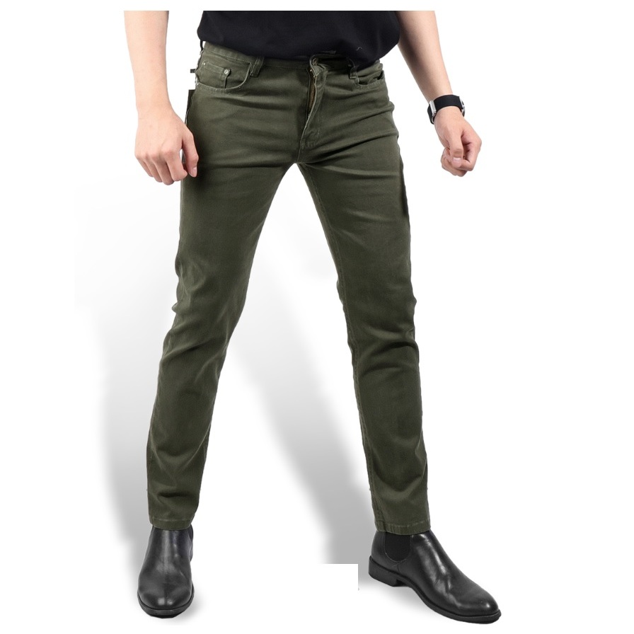 Quần Kaki Nam Cao Cấp Xanh Rêu, Quần Kaki Jean nam dáng ôm đứng, Chất vải co giãn thoáng mát - Doki