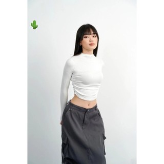 Áo kiểu thun gân cổ cao nhùm nhúm 2 bên croptop trơn cực xinh , chất gân dày dặn