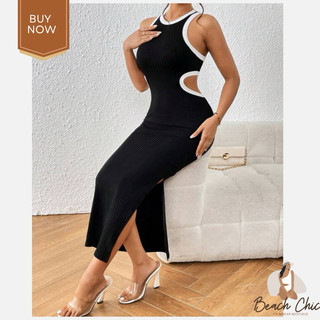BEACHCHIC Contrast binding cutout split thigh bodycon - Váy thun body cut out viền tương phản xẻ tà