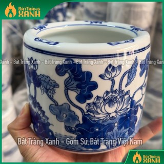 Bát hương Bát Tràng men lam vẽ sen, Bát nhang, Lư hương thờ cúng, vẽ tay họa tiết hoa sen cao cấp