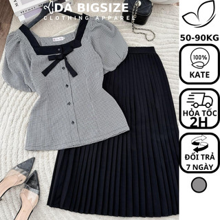 Dabigsize - Áo Bigsize Nữ , Áo Kiểu Cổ Vuông Nơ Ngực Họa Tiết Caro Chất Kate Cotton Mềm Mịn Dành Cho Người Mập 50-90kg
