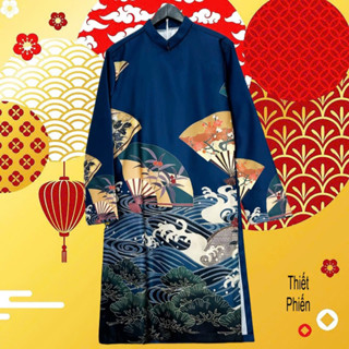 Áo dài Nam chất vải Lụa tafta/ Gấm cao cấp màu Xanh chuẩn form, nhiều họa tiết in đẹp lạ mắt