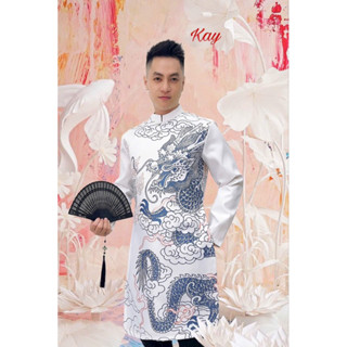 Áo dài nam chất vải Lụa tafta/ gấm Mềm, họa tiết in Rồng sắc nét lạ mắt