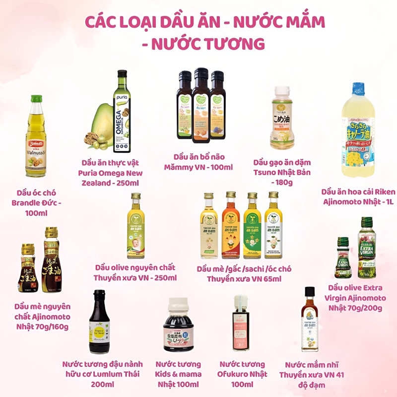 Tổng hợp các loại dầu ăn cho bé ăn dặm. dầu olive, gạo, óc chó, mè