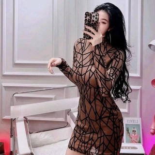 Đầm body lưới 2 lớp họa tiết sọc vằn dáng ngắn tay dài cổ cao sang chảnh
