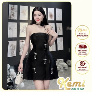Váy cúp ngực dáng A điểm tag đá toòng teng kèm choker hoa xinh xắn, đầm dự tiệc Kemi tôn dáng