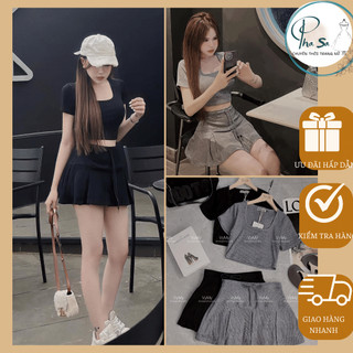 Set Áo Cổ Vuông Chân Váy Xếp Li Có Quần Trong