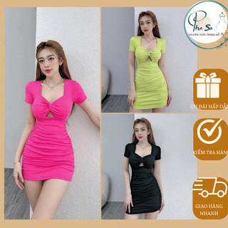 Đầm Body Xoắn ngực Nhún Sườn có Mút Ngực Chất Bozip mềm mịn
