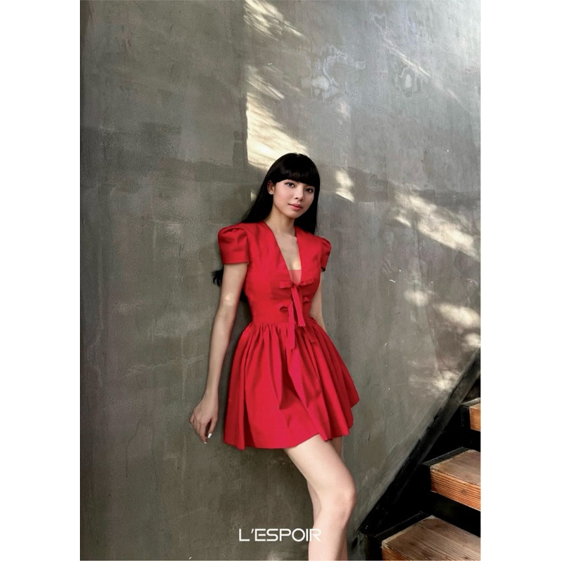 Đầm Ari Xoè Phồng Cổ V Phối Lưới Nơ (Có Bigsize)