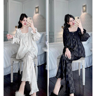 Set đồ nữ, đồ ngủ nữ tay ngắn cổ vuông lụa gấm mịn, đồ mặc nhà nữ tay dài siêu mềm mịn
