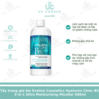 Tẩy trang giữ ẩm Eveline Cosmetics Hyaluron Clinic B5 3 in 1 Ultra Moisturising Micellar Water 500ml