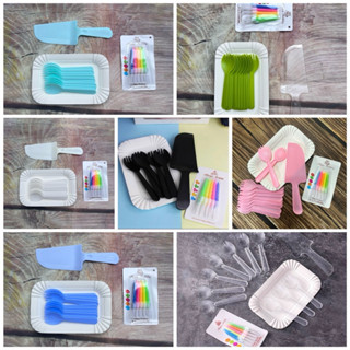 Combo 10 set đĩa giấy trắng + nĩa ăn bánh + dao + nến