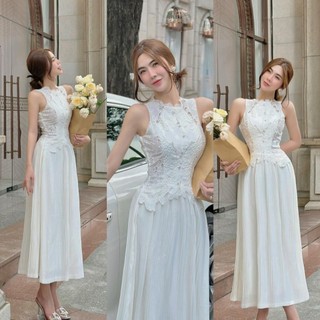 Đầm dự tiệc dáng dài cổ tròn dập ly họa tiết phối ren sang trọng dễ thương quyến rũ