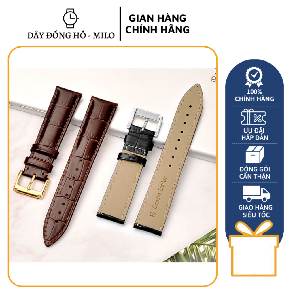 Dây Da Đồng Hồ Da Bò Ép Vân KHÓA CÀI Chống Thấm Nước Nhiều Size 6,8,10,12,13,14,15,16,17,18,19,20,21,22,24,26,2830