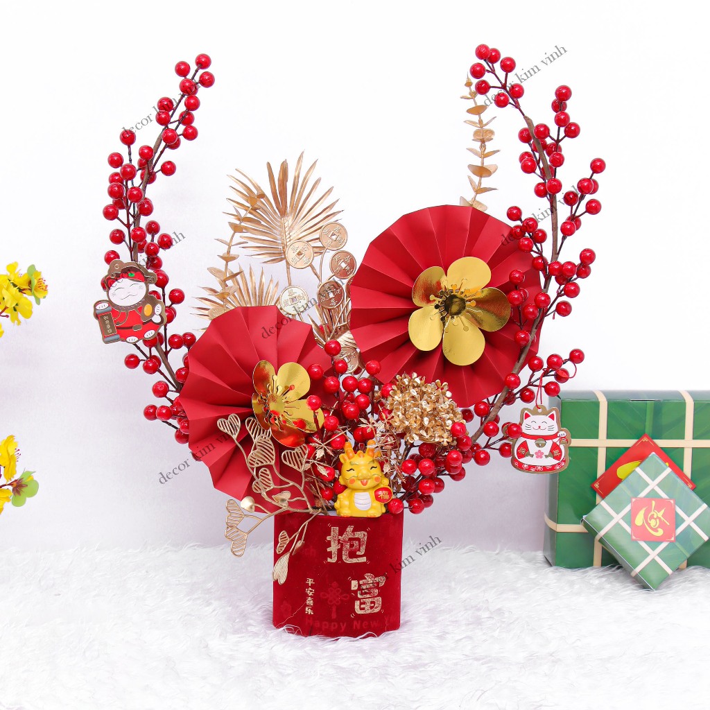 Chậu Đào Đông Trang Trí TẾT A33 May Mắn Tài Lộc – Handmade