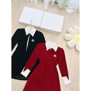 Váy nhung phối cổ sơmi hàng tk