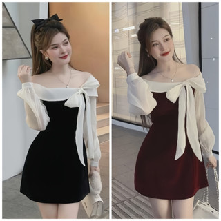 Váy nhung đỏ trễ vai nơ ngực, Váy bánh bèo dáng ngắn phối tay bồng phong cách tiểu thư sang chảnh Winny Store