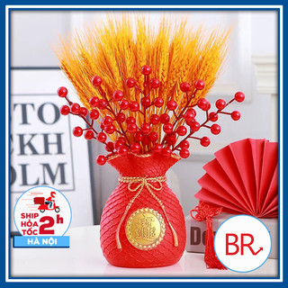  Bình hoa túi tiền đỏ cắm lúa vàng đào đông trang trí Tết - Hũ tiền đỏ tài lộc Lọ cắm hoa lúa mạch decor nhà cửa 02140 