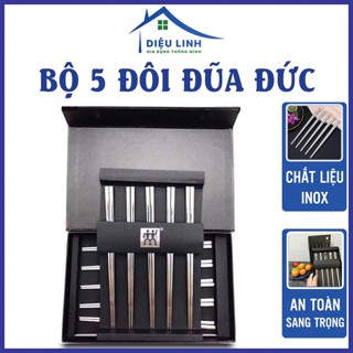 Bộ 5 Đũa Đức, Hộp 5 Đôi Đũa Inox 304 Cao Cấp Kèm Hộp, Chống Trơn Trượt Dieulinhshop