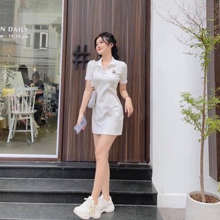 đầm polo nữ cổ bẻ thêu gấu midi trẻ trung năng động