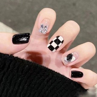 Móng tay giả ngắn màu đen R652, Bộ 24 móng tay giản ngắn vuông madu đen đơn giản, Nail box