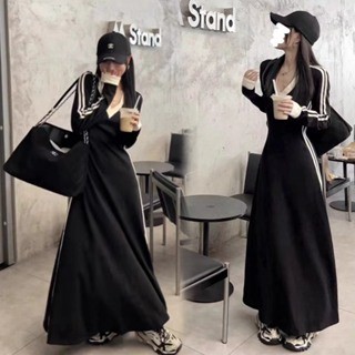 Váy đầm phối họa tiết kẻ sọc viền dài tay cổ chữ V phong cách Retro Hàn Quốc hàng Quảng Châu co giãn SP71