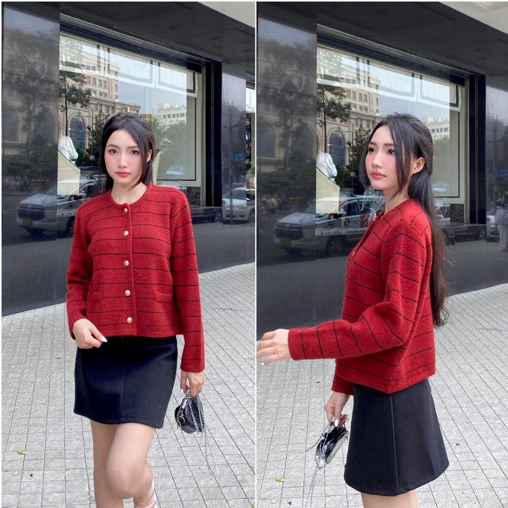 Áo len nữ VMSTYLE cardigan tay dài kẻ ngang cổ tròn nút ngọc 2 túi giả form rộng basic đi chơi, dạo phố 310 - ALU00266