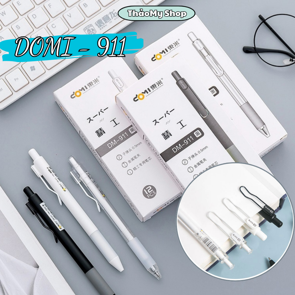 Bút gel bút bi bấm chính hãng DOMI 911 cao cấp màu đen xanh đỏ ngòi 0.5mm Khô nhanh viết trơn mực đề