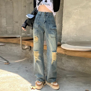 Quần jeans nữ ống suông , quần bò nữ ống rộng rách túi trước siêu hot tl50