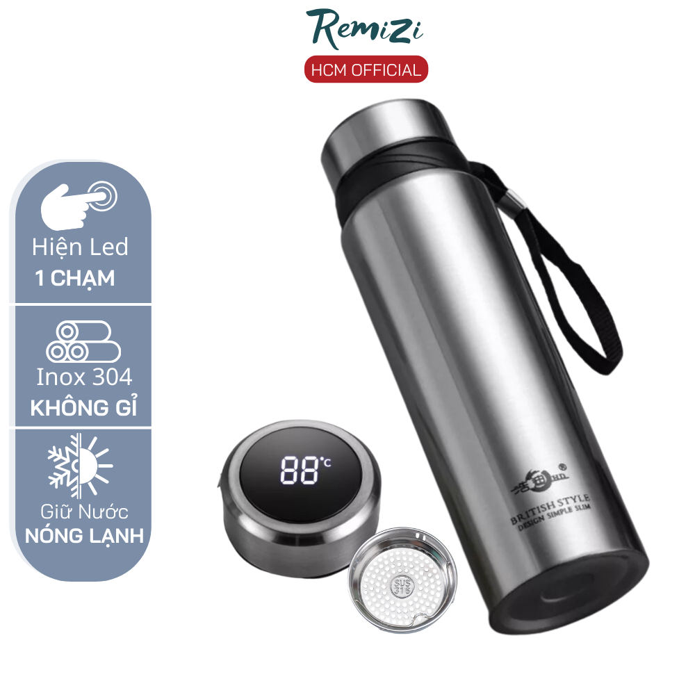 Bình Giữ Nhiệt REMIZI Bình Đựng Nước inox 304 600ml-1000ml BTC04 CÓ HIỆN NHIỆT
