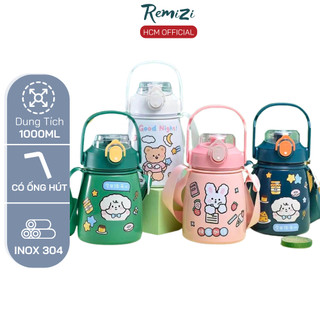 Bình nước giữ nhiệt REMIZI  có ống hút tặng kèm sticker,Bình nước dung tích 800ML-1000ML ruột inox 304 BTC05.