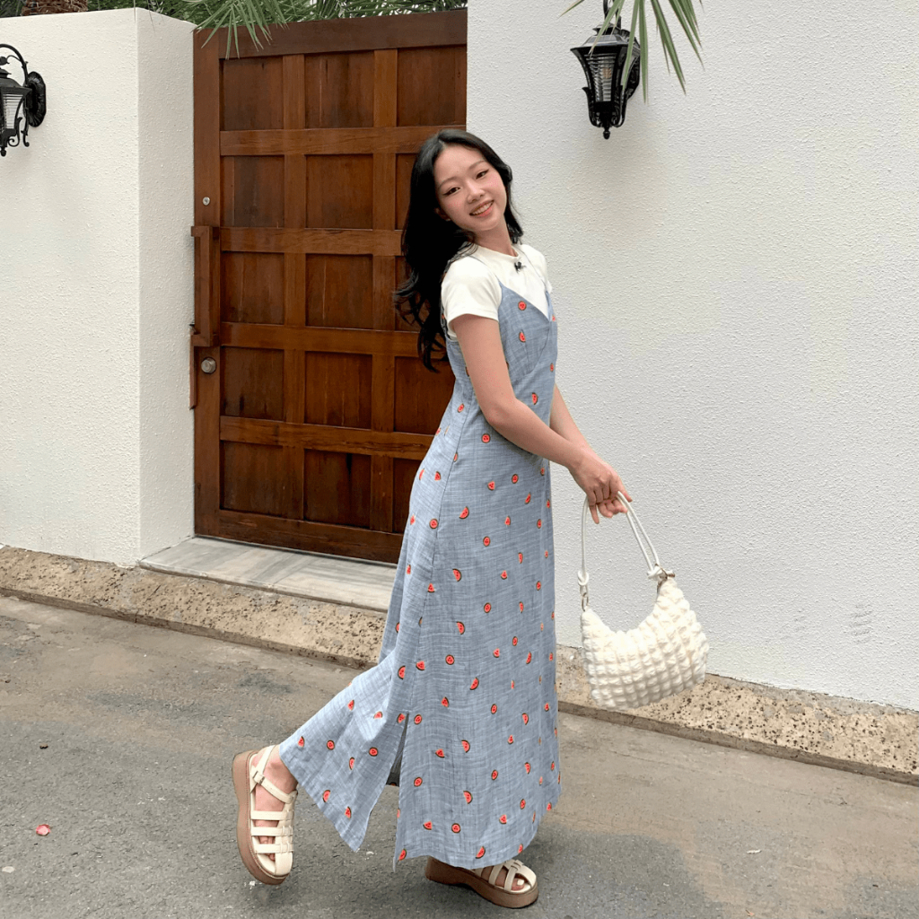 Đầm Hai Dây Form Suông Có Tăng Đơ Chất Linen Thêu Hình Trái Dưa Hấu TIỆM ĐỒ THÁNG 4 MAXI DRESS