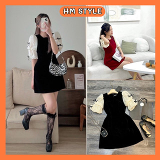 Váy nhung tay bồng đính nơ dáng ngắn, đầm nhung dáng xòe phong cách tiểu thư SV180 HMStyle