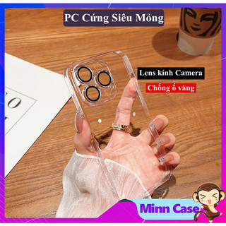 Ốp điện thoại trong suốt PC cứng chống ố kèm Lens bảo vệ camera cho 15 14 13 Pro MAX 14 Plus 12 Pro MinnCase