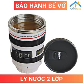 Ly cà phê 2 lớp cốc uống nước có nắp hình ống kính máy ảnh 400ml Inox 304 thép không gỉ mã 22017