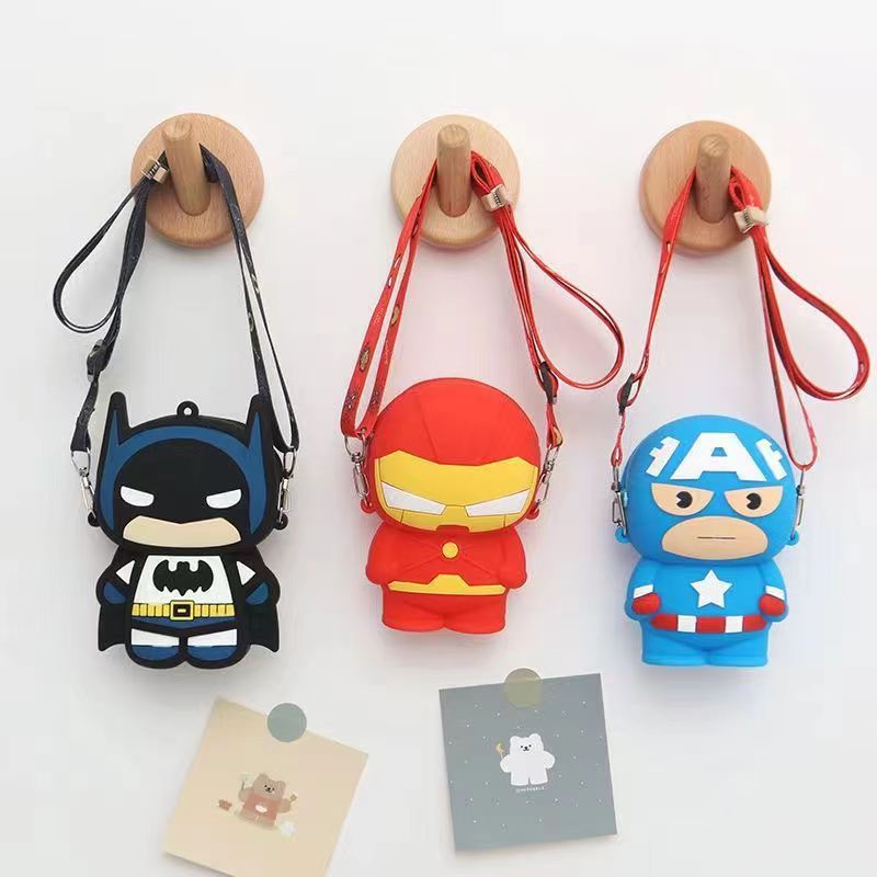 Túi đeo chéo mini cho bé, túi silicon cho bé họa tiết người nhện, đội trưởng mũ, người sắt dễ thương FULLBABY2024