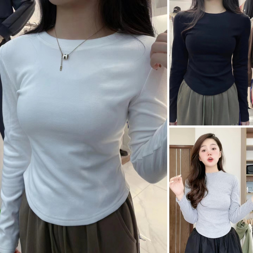 Áo Tăm Vạt Bầu Cổ Tròn, Áo Thun Dài Tay Vạt Bầu Croptop Ôm Body Hách Eo Tôn Dáng Xinh