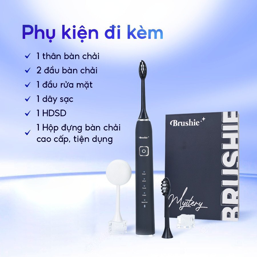 Bàn chải điện Brushie tích hợp máy rửa mặt, làm sạch 5 chế độ.  tần số rung 42000 lần, làm sạch mảng bám