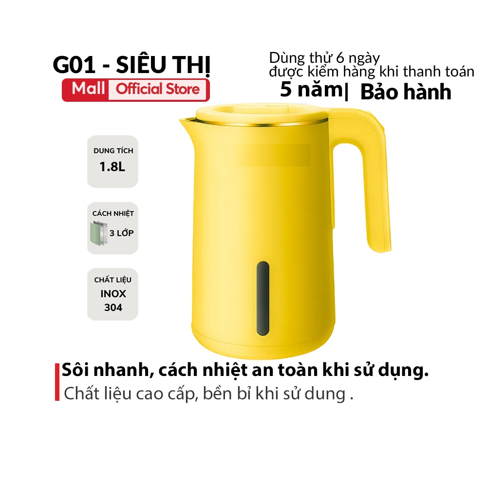 Bình đun siêu tốc g01 dung tích 1,8l lõi inox, tự ngắt khi sôi, cạn nước, cách nhiệt an toàn