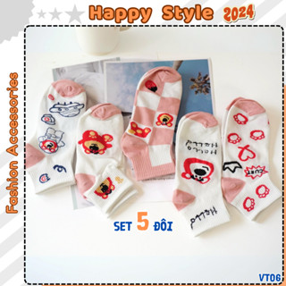  Tất Vớ Cổ Ngắn Sét 5 Đôi Tất Chân Nam Nữ Họa Tiết Gấu Dâu Chất Cotton Co Giãn VT06 - Happy Style 